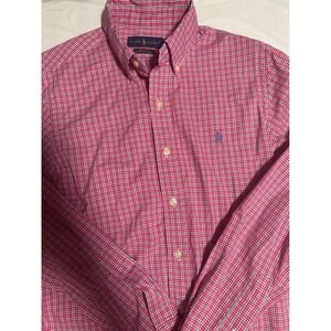 Ralph Lauren Mens Classic Fit Pink Blue Check Cotton Stretch Button Down Shirt S
